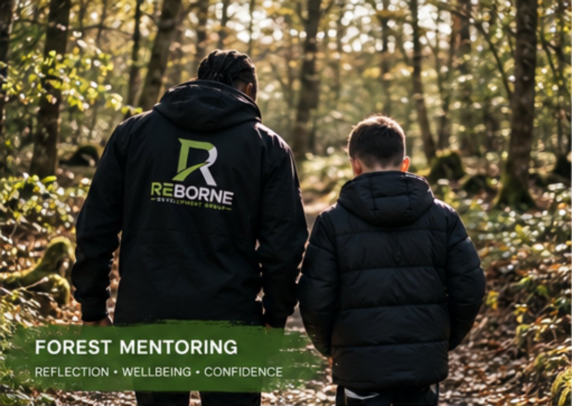 A mentor and young person walking together outdoors