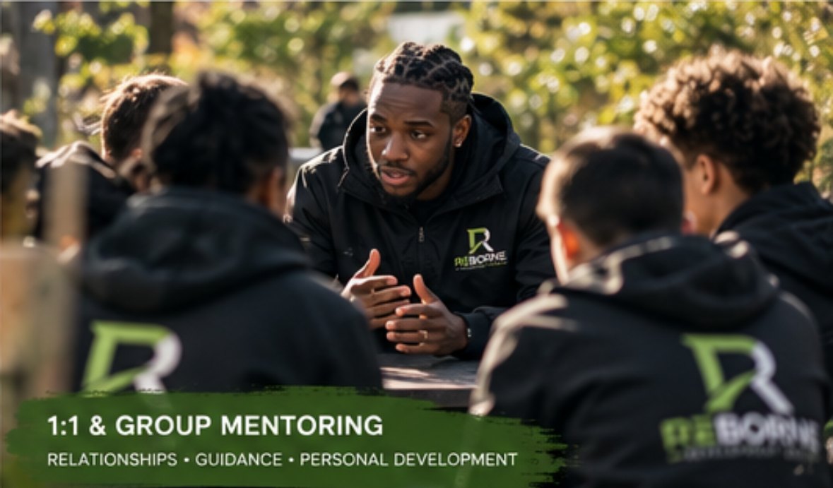 A mentor talking with a group of young people outdoors