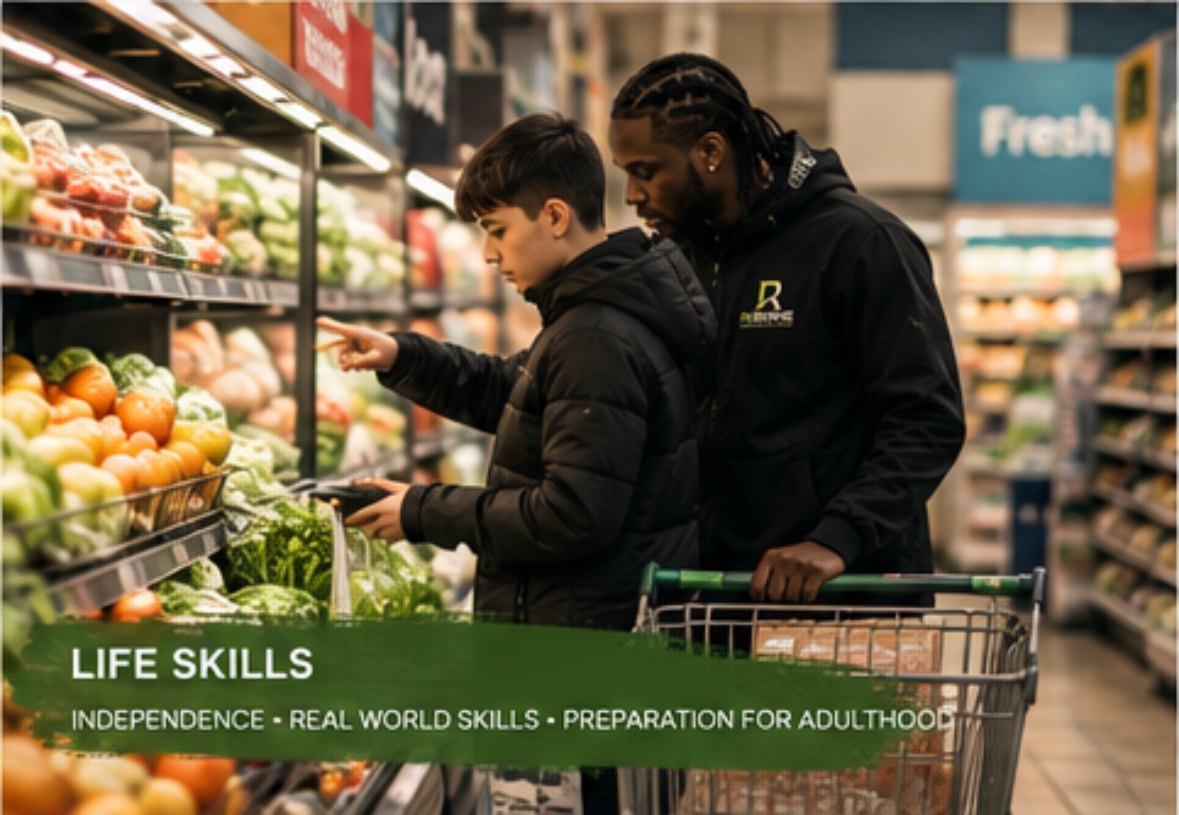 A mentor helping a young person choose groceries as a practical life skill