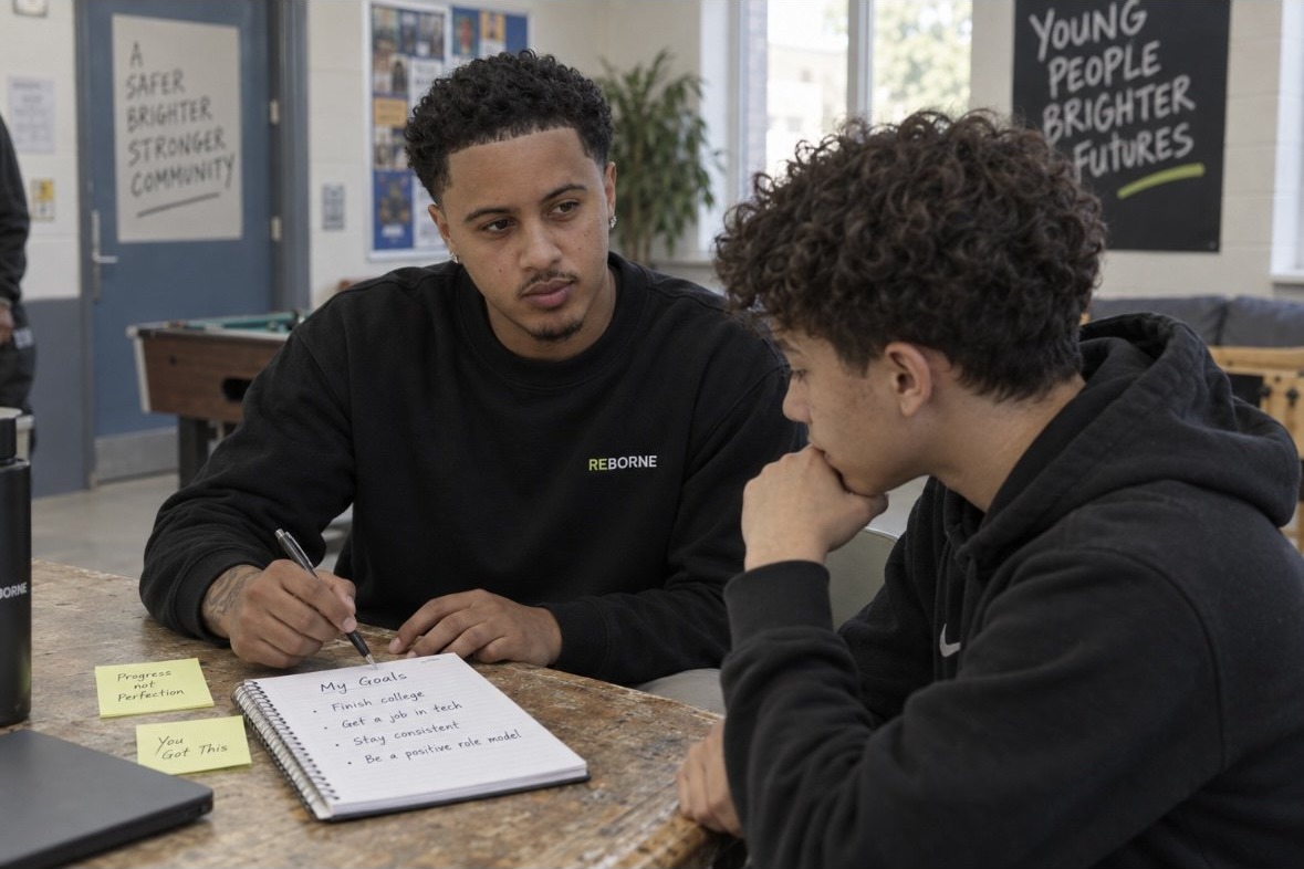 A mentor and young person writing down goals during a one-to-one session