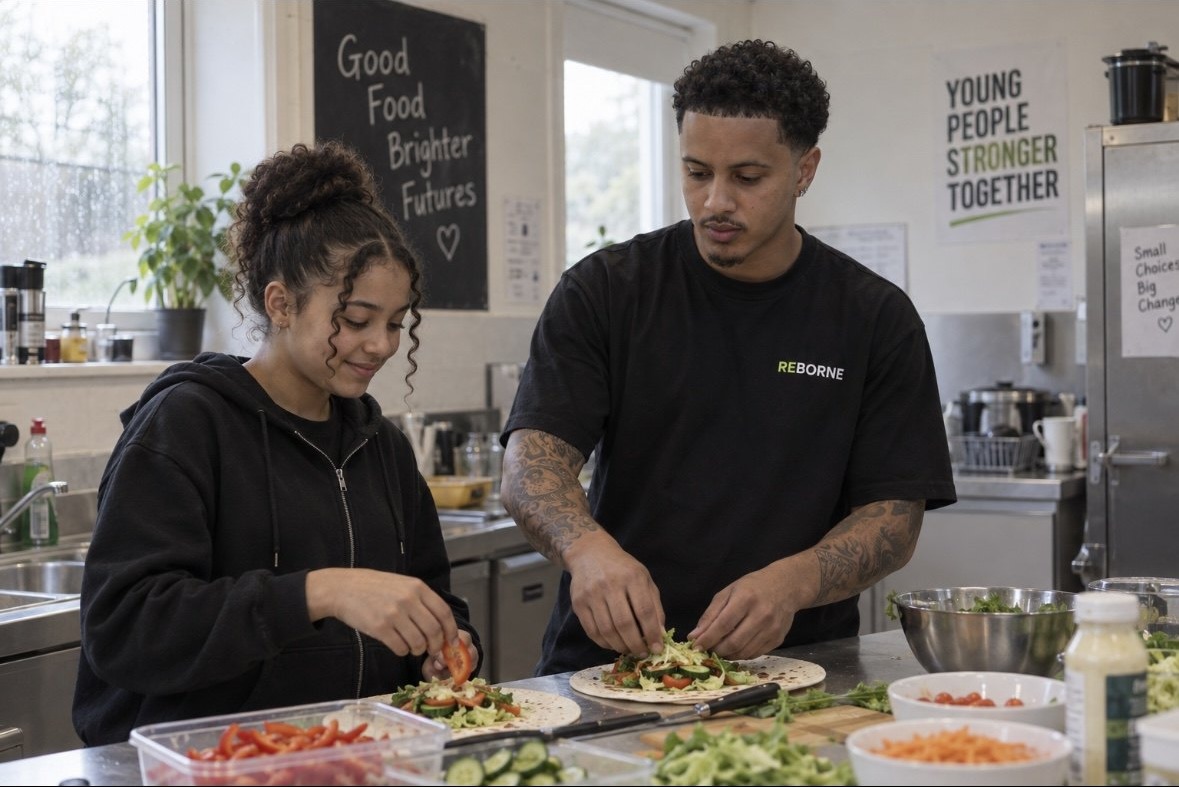 A mentor and young person preparing food together