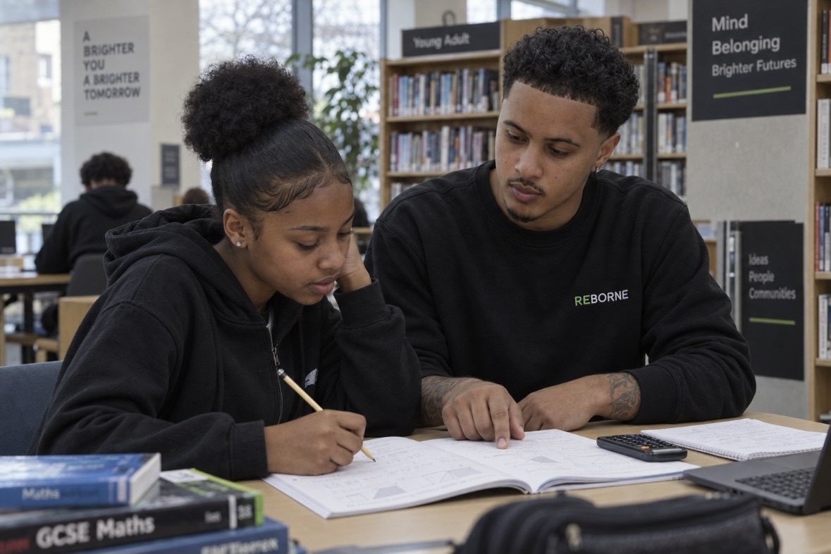 A mentor helping a young person with written schoolwork